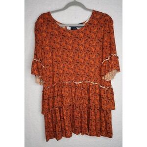 Matilda Jane Women's L Peasant Blouse Tiered Orange Floral Blue Summer Spring